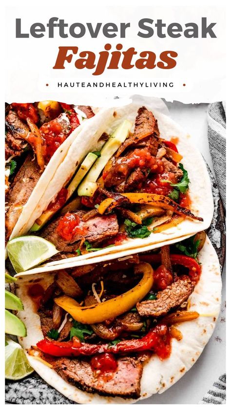 Leftover steak fajitas are a great way to use up extra meat you have on hand! Pan-seared peppers and onions get combined with juicy steak and a simple seasoning blend for a healthy, one pan wonder. Steak fajitas using leftover steak make the perfect easy weeknight dinner! Leftover Steak Fajitas Recipe, Leftover Steak Fajitas, Using Leftover Steak, Healthy Fajitas, Beef Fajita Recipe, Leftover Steak Recipes, Steak Fajitas Recipe, Healthy Steak, Salmon Teriyaki