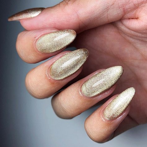 Liverpool Nails-Kirsty Hughes on Instagram: “Golden Cat Eye 👁 • Used @brillbirduk Cat Eye Gel in Champagne 🍾 this gel gives the most amazing look which the camera does not do justice…” Golden Cat Eye Nails, Gold Cateye Nails, Liverpool Nails, Gold Cat Eye Nails, Cateyes Nails, Golden Cat, Reflective Nails, Golden Nails, Eye Nails