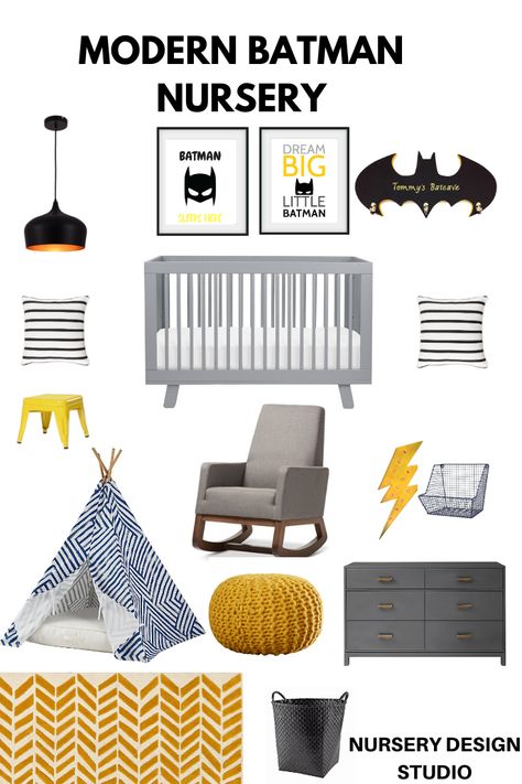 Batman Nursery Baby Boy, Robin Nursery, Batman Baby Room, Batman Boys Room, Logan Hicks, Batman Themed Bedroom, Batman Nursery, Boys Superhero Bedroom, Nursery Design Board