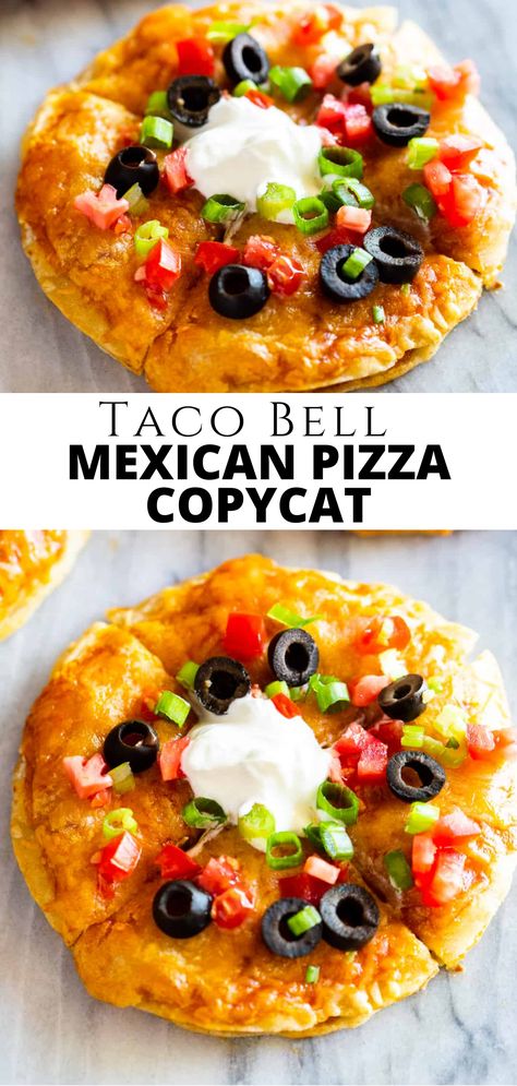 A homemade Mexican Pizza with layers of ground beef, refried beans, melted cheese, and a crispy tortilla, inspired by the Taco Bell classic. Mexican Pizza Recipe Taco Bell, Flatbread Taco Pizza, Taco Bell’s Mexican Pizza, Taco Bell Tostada Recipe, Pizza Using Tortillas, Corn Tortilla Recipes Dinners, Taco Pizza With Pizza Crust, Mexican Cornbread With Ground Beef, Flour Tortilla Tacos