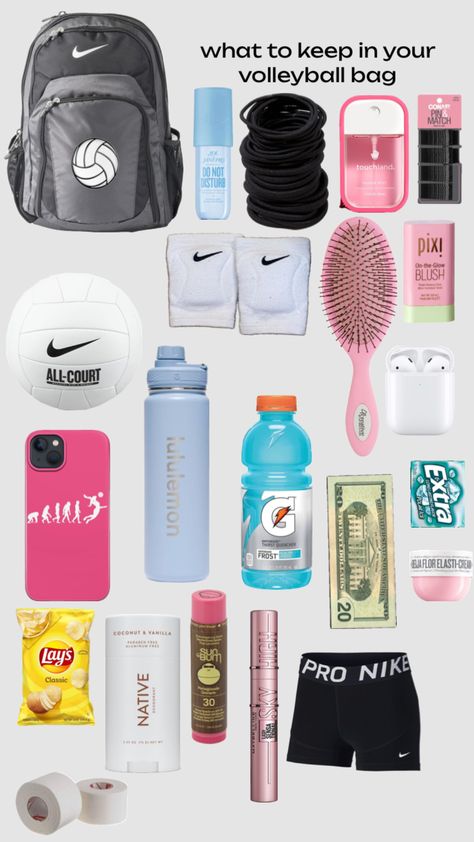 what to keep in your volleyball bag Sports Bag Essentials, Volleyball Accessories, Volleyball Equipment, Volleyball Tryouts, School Backpack Essentials, Volleyball Bag, Volleyball Photos, Volleyball Skills, Volleyball Tournaments