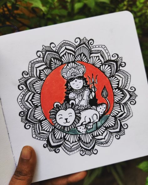 Doodle of Durga goddess with Mandala Art Durga Doodle Art, Durga Mandala Art, Gel Pen Art, Easy Mandala, Easy Mandala Drawing, Durga Painting, Pen Drawings, Cute Doodle, Mandala Art Therapy