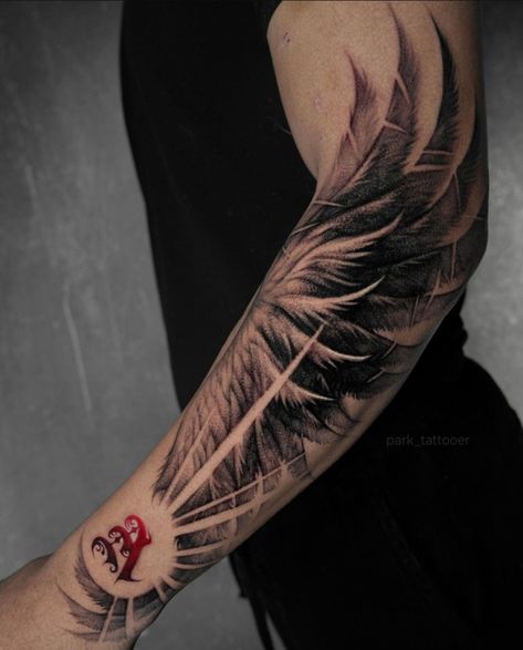 wing tattoo Wings Tattoo Men Forearm, Angel Wings Tattoo Forearm, Tattoo Men Forearm, Wing Tattoo On Shoulder, Forearm Wing Tattoo, Eagle Wing Tattoos, Wing Tattoo Men, Cool Forearm Tattoos, Angel Wings Tattoo