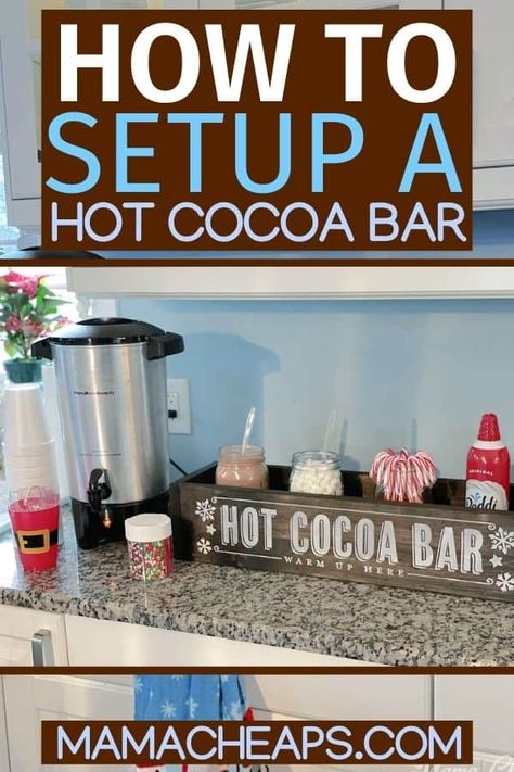 How to Make a DIY Hot Chocolate Bar - Mama Cheaps® Church Hot Chocolate Bar, Hot Cocoa And Cider Bar, Hot Chocolate Bar Supplies, Hot Chocolate Bar Set Up Ideas, Ideas For Hot Chocolate Bar, Hot Cocoa Bar For Large Group, Hot Cocoa For A Large Crowd, Hot Chocolate For A Crowd Easy, Hot Chocolate Bar At Home