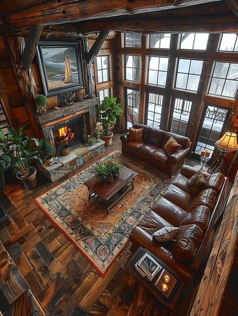 Attractive Log Cabins Log Cabin Aesthetic, Cabin Great Room, Luxury Log Cabins, Cabin Aesthetic, Dream Cabin, Big Windows, Log Cabins, Cabin Life, Cool House Designs