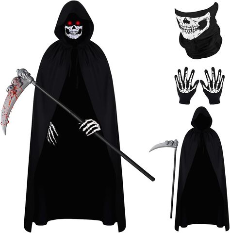 Wonlonda Halloween Fashion Dress Grim Reaper Costume Set 140cm Long Black Polyester Hooded Cloak Skull Face Mask Skull Gloves Sickle Accessories for Halloween Cosplay Decoration Grim Reaper Halloween Costume, Skull Gloves, Skeleton Face Mask, Scream Costume, Halloween Grim Reaper, Grim Reaper Costume, Reaper Costume, Magic Theme, Movie Themed Party