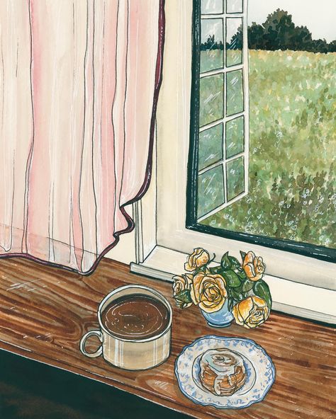 a closer look at Morning Air from our Slow Mornings Only collection 💛 coffee, a pastry, and a fresh morning breeze make the for the perfect wake up Billowing Curtains, Countryside Illustration, Curtain Illustration, Artsy Prints, Window Watercolor, An Open Window, Air Art, Doodle Bug, Window Drawing