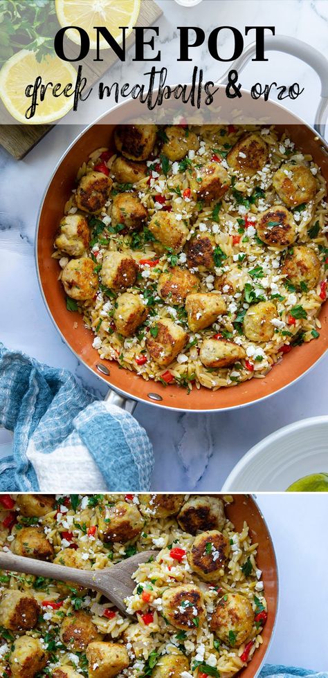 Made entirely in one pot, these Greek meatballs and orzo are packed with incredible Greek flavors and ready in under an hour! Orzo Meatball Recipe, Greek Instant Pot Recipes, Greek Turkey Meatballs With Orzo, Greek Meatballs With Orzo, Greek Crockpot Recipes, Meatballs And Orzo, Meatball Dinner Recipes, Mediterranean Beef, Greek Meatballs Recipe