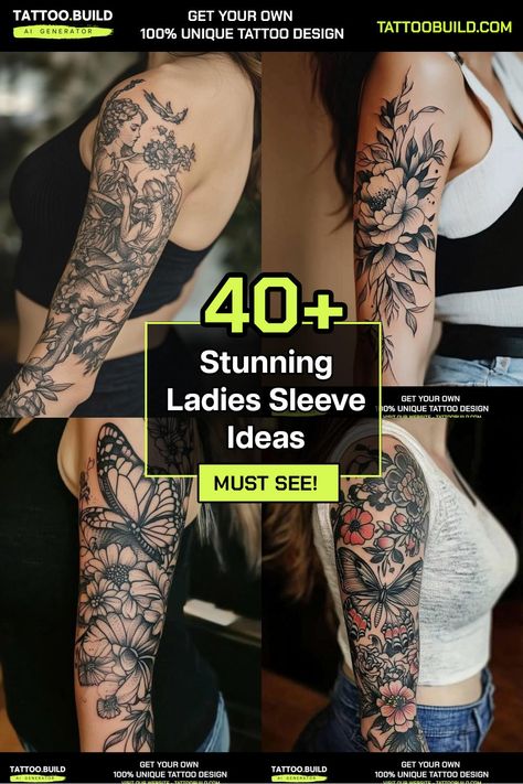 Unique Ladies Sleeve Tattoo Ideas for a Stylish and Stunning Look Building A Sleeve Tattoo Woman, Woman’s Arm Sleeve Tattoo, Women’s Sleeve, Ladies Sleeve Tattoo, Unique Half Sleeve Tattoos For Women Lower Arm, Women’s Half Sleeve Tattoo Ideas, Ladies Sleeve Tattoo Ideas, Feminine Half Sleeve Tattoo, Womens Sleeve Tattoo Ideas