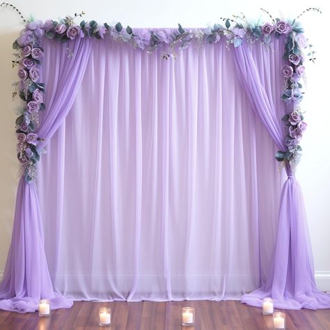 Purple Stage Decorations, Purple Wisteria Backdrop, Purple Party Backdrop, Purple Quince Backdrop, Purple Birthday Backdrop, Purple Backdrop Ideas, Tulle Curtains Diy, Pink Purple Flowers, Lavender Quinceanera Decorations