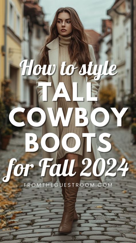 a woman wears tall cowboy boots for fall, western outfits Freebird Granny Boots Outfit, How To Style Brown Cowgirl Boots, Chic Cowboy Boots Outfit Winter, Outfits With Knee High Cowboy Boots, How To Wear Cowboy Boots Women Jeans, Cowboy Boot Outfits Casual, How To Style Tall Cowboy Boots, Leather Cowboy Boots Outfit, Dan Post Knee High Boots Outfit