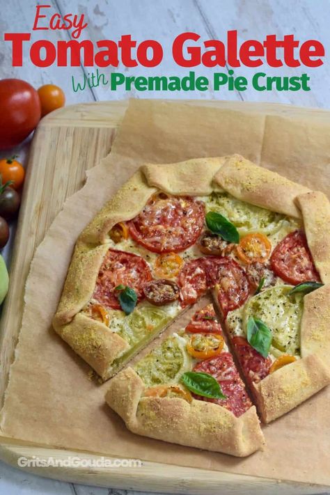 This easy tomato galette recipe (free-form rustic tart) is made with premade pie crust dough, spreadable garlic and herbs cheese, and sliced fresh tomatoes. Serve this simple tomato and cheese tart for brunch, a light dinner or a Southern appetizer. Tomato And Cheese Galette, Tomato Galette With Pie Crust, Spreadable Garlic, Rustic Tart, Southern Appetizers, Tomato Galette, Tomato Tart Recipe, Premade Pie Crust, Brunch Bake