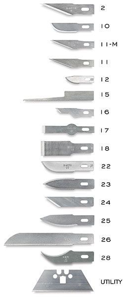 I purchased a set of blades from science plus at a great price but there's no explanation of the use of the various blades. This could help you too! (CD) Exacto blades Knife Types, Types Of Knife Blades, Xacto Knife, Serrated Knife, Exacto Knife, Craft Knife, Carving Knife, Knife Art, Military Knife