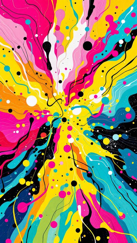 This striking digital artwork presents a vibrant explosion of neon pink, electric yellow, and teal, artfully melding dynamic geometric shapes with fluid curves and whimsical squiggles. Springs of colorful joy whirled in a dance of harmony, creating an exuberant and uplifting visual experience. The contrast between the playfully black and yellow dots and the smooth merge of hues exemplifies the transformative essence behind contemporary digital expression. Colorful Material Board, Explosion Of Colors, Explosion Art, Bright Color Palettes, Pr Campaign, Colourful Patterns, Yellow And Teal, 1 Symbol, Colour Background