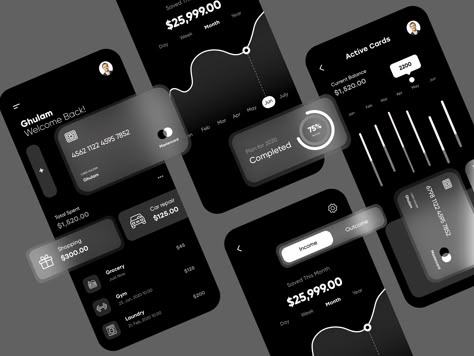 Finance App Dark Theme by Ghulam Rasool 🚀 for Cuberto on Dribbble Mobile Application Ui, Glass Morphism, Application Ui Design, Desain Ux, Module Design, Ui Ux 디자인, App Design Layout, Mobile App Design Inspiration, Finance App