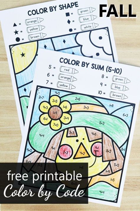 Grade 1 Homeschool Activities, Colour By Addition Free Printable, Addition Coloring Worksheets First Grade, Fall Color By Number Kindergarten Free, First Grade Addition Activities, Fall Activities For First Grade Free, First Day Of Fall Activities First Grade, Fall Math Stations Kindergarten, Math Coloring Worksheets Kindergarten