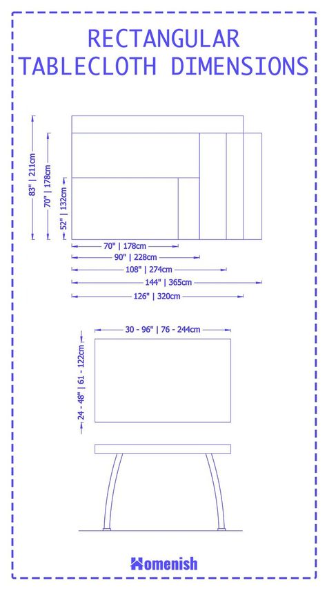 Tablecloths come in a variety of different sizes and shapes to suit different tables. Getting the right size of tablecloth can make all the difference to your table setting. Here, we explore how to measure for a tablecloth and look at standard sizes of tablecloths. How To Make A Table Cloth Sewing, 2x4 Table, Diy Table Cloth, Make A Tablecloth, Tablecloth Size Chart, Table Topics, Tablecloth Pattern, Tablecloth Sizes, Rectangle Tablecloth