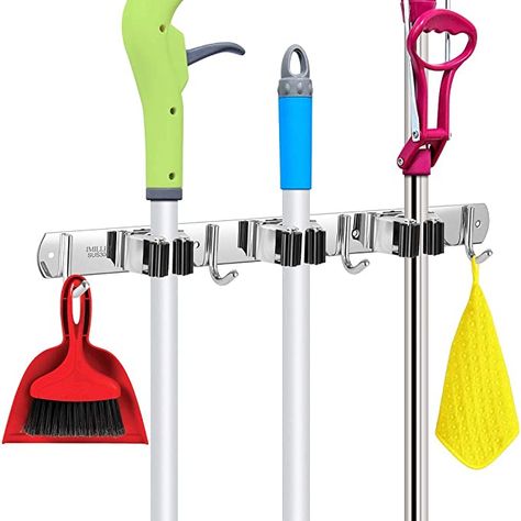 Amazon.com: IMILLET Broom Mop Holder Wall Mount Stainless Steel 16" Broom Hanger Wall Mounted Self Adhesive Heavy Duty Broom Rack Storage Organizer for Garden Garage Laundry Room Bathroom Utility Closet Basement: Home Improvement Broom Rack, Broom Organizer, Mop And Broom Holder, Bathroom Utility, Plastic Broom, Garage Closet, Broom Hanger, Divider Ideas, Utility Closet