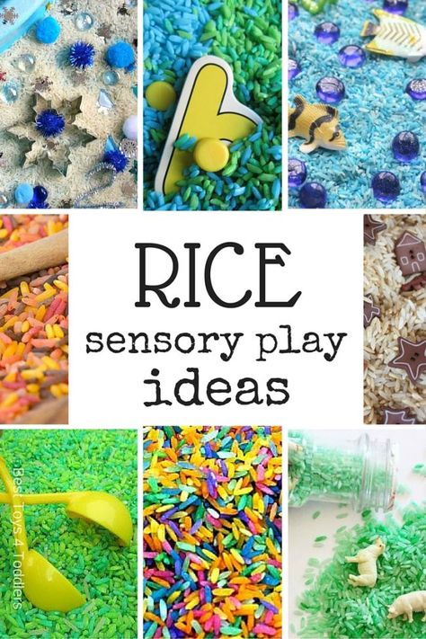 Best Toys 4 Toddlers - 33 ideas for sensory play based on rice to help engage all 5 senses of your child. Prek Sensory, Rice Sensory Play, Rice Sensory Bin, Play Ideas For Toddlers, Sensory Bin Ideas, Sensory Tubs, Sensory Bags, Rainbow Rice, Kids Handwriting