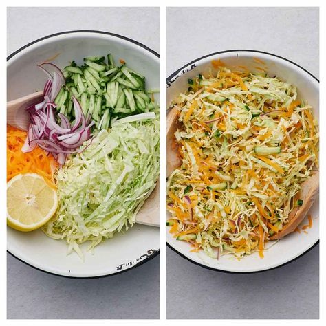 Cabbage Salad with Carrot & Cucumber - Delice Recipes Cucumber Cabbage Salad, Cucumber Carrot Salad Recipes, Salad With Carrots And Cucumber, Refreshing Cucumber And Cabbage Salad, Asian Cucumber And Carrot Salad, Carrot And Cucumber Ribbon Salad, Posole Verde Recipe, Cucumber Carrot Salad, Easy Vegetarian Sides