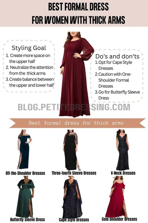 The Formal Dresses Guide for Women with Thick Arms Dresses For Broad Shoulders, Thick Arms, Cape Dresses, Best Formal Dresses, Butterfly Sleeve Dress, Cape Style, Broad Shoulders, Dress Guide, Cape Dress