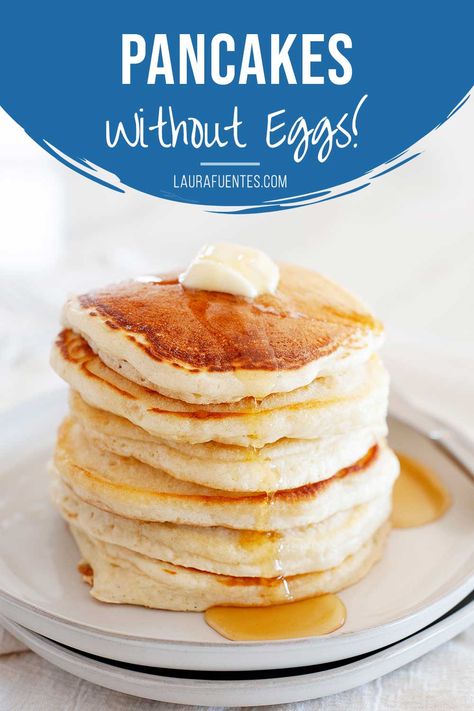 No eggs no problem. This egg-free pancake recipe yields fluffy pancakes without the fuss! Plus, a list of egg substitutes to use when you want to make pancakes without eggs! #eggfree #pancakes No Eggs Pancakes Recipe, Homemade Pancakes Easy No Egg, Breakfast Ideas No Eggs, Egg Free Pancake Recipe, Pancake Recipe Without Eggs, Pancakes Without Eggs, Eggless Pancake Recipe, Egg Free Pancakes, Egg Substitutes