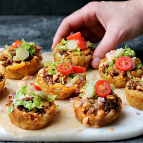 Tater Tot Cups, Vegan Pizza Rolls, Vegan Cheeseburger, Spicy Peanut Noodles, Vegan Cheddar Cheese, Cheeseburger Recipe, Tator Tots, Vegan Beef, Vegan Cheddar