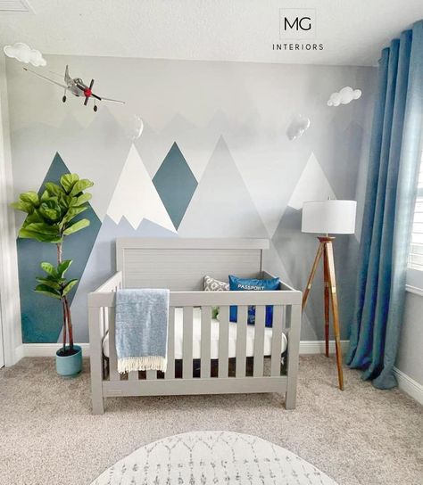 Blue And Grey Nursery Boy, Gray Crib Nursery, Grey Crib Nursery, Adventure Nursery Boy, Gray Crib, Graphic Mountain, Grey Nursery Boy, Grey Crib, Nursery Accent Wall