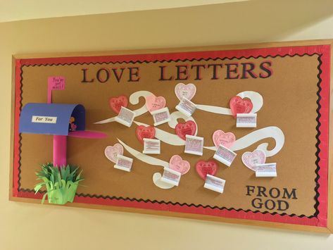 January / February 2018 bulletin board. Bible verses on white scrolls. Love letters from God for you. Valentine’s Day Christian Bulletin Boards, Love Letters From God Bulletin Board, Valentine Bulletin Boards For Church, Church Valentine Bulletin Board Ideas, Bulletin Board Ideas For January, Love Bulletin Board Ideas, Valentine’s Day Bulletin Board, Valentines Bulletin Boards, Valentines Day Bulletin Board Ideas