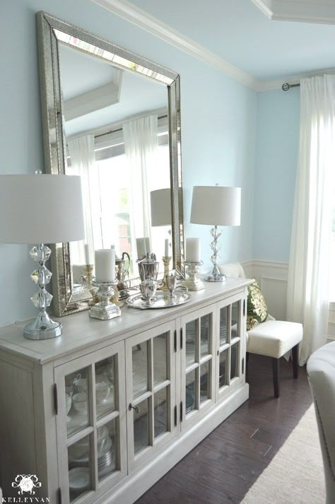 Restoration Hardware French Casement Cabinet in Dining Room with Buffet Lamps and Vertical Leaning Mirror