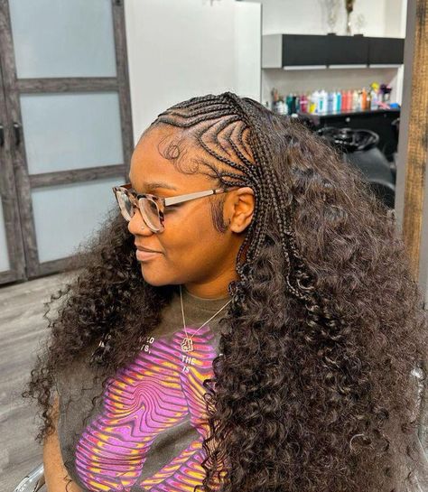 Braids With Curly Sew In, Braids For Tomboys, Fulani Braids With Sew In Blonde, Sew In With Cornrows, Fulani Sew In Hairstyles, Fulani With Sew In, Fulani Weave, Cruise Braids, Fulani Sew In