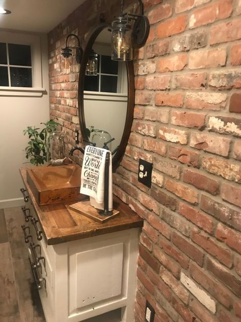 Bathroom Brick Accent Wall, Reclaimed Brick Veneer, Brick Accent Interior, Brick Veneer Wall Living Room, Brick Paneling In Bathroom, Brick Vanity Wall, Faux Brick Wall In Bathroom, Faux Brick Backsplash Bathroom, Bathroom Brick Wall Ideas