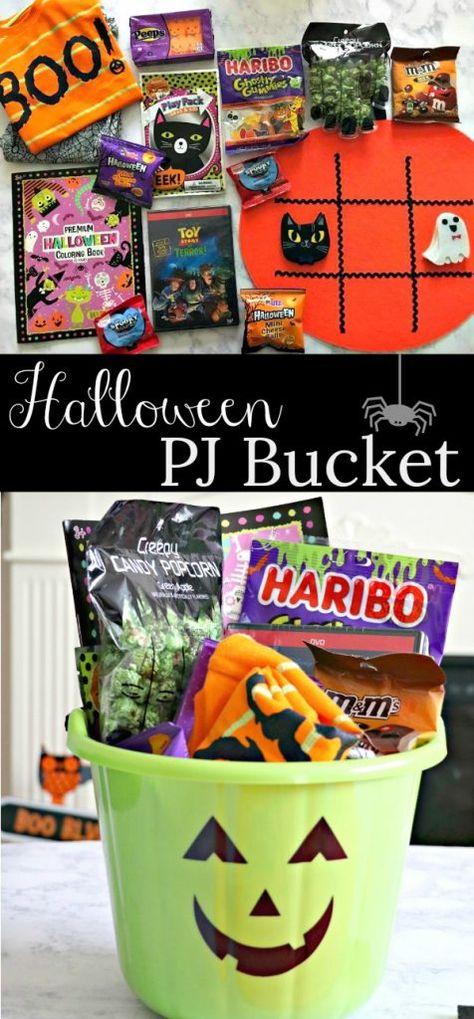 Halloween Traditions: Pajama Buckets! - The Denver Housewife Halloween Buckets For Kids, Ideas For Halloween Decorations, Mommy Halloween, Outdoor Decor Halloween, Snack Bucket, Halloween Decor Outdoor, Halloween Home Decorations, Dessert Halloween, Decorating Halloween