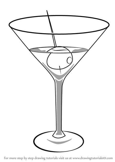 Learn How to Draw a Martini (Drinks) Step by Step : Drawing Tutorials How To Draw Cocktails Step By Step, Draw Cocktail, Martini Glass Drawing, Martini Drawing, Cocktails Drawing, Kitchen Paintings, Martinis Drinks, Beach Glass Crafts, Bag Illustration