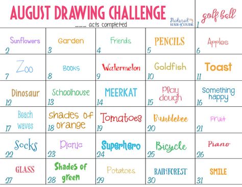 August Drawing Challenge - 31 Day Drawing Challenge for Kids and Adults - Natural Beach Living August Drawing Challenge, Drawing Challenge For Kids, 31 Day Drawing Challenge, 30 Days Drawing, August Drawing, Daily Drawing Challenge, Calendar Challenge, Challenge Calendar, Drawing Topics