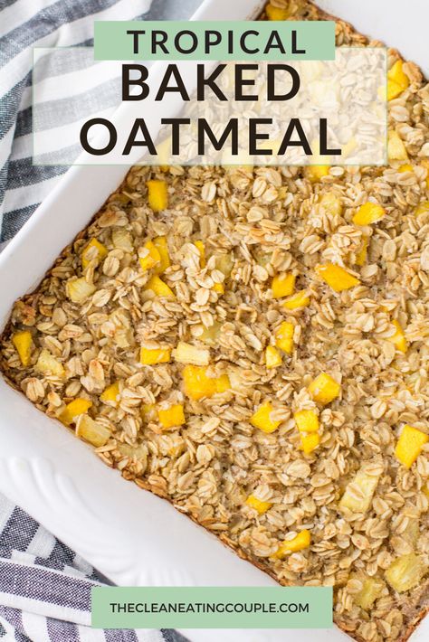 Tropical Baked Oatmeal is an easy, meal prep friendly breakfast. Gluten free, dairy free, simple to make and packed with pieces of fruit! This tropical baked oatmeal is delicious - filled with pineapple, coconut and mango - it's like a vacation in a dish! #mealprep Pineapple Baked Oatmeal, Mango Baked Oatmeal, Pineapple Oatmeal Bars, Mango Oatmeal Recipes, Breakfast Gluten Free Dairy Free, Pineapple Oatmeal, Oatmeal Bakes, Key Lime No Bake, Creative Pancake Recipes