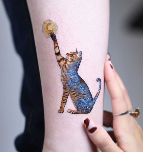 Star Night Tattoo, Night Tattoo Ideas, Starry Night Tattoo, Van Gogh Tattoo, Gotik Tattoo, Kitty Tattoos, Night Tattoo, Star Night, Tattoos Geometric