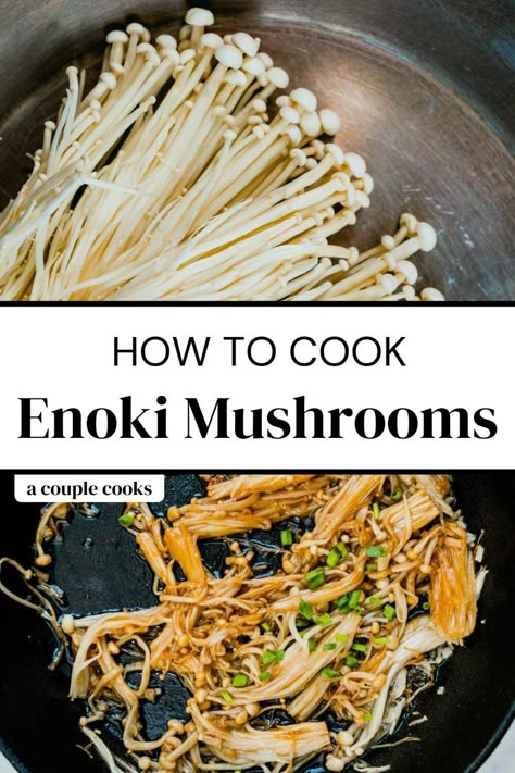 Enoki mushrooms are a beautiful type of mushroom that's extraordinarily delicious! Here’s a recipe for how to cook this tasty fungi. #enoki #mushrooms #enokimushrooms #mushroomrecipe #enokitake How To Make Enoki Mushrooms, Emoji Mushroom Recipe, Easy Enoki Mushroom Recipe, Enoki Mushroom Recipe Vegan, Dairy Free Mushroom Recipes, How To Cook Enoki Mushrooms, Japanese Mushroom Recipes, Enochi Mushrooms Recipe, Asian Mushroom Recipes