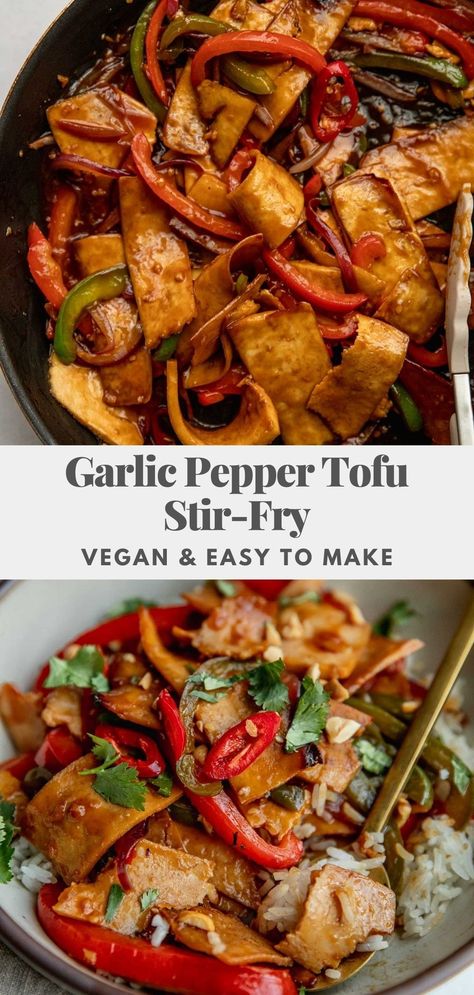 This Garlic Pepper Tofu Stir-fry combines strips of pepper and tofu together in a savory, glossy stir-fry sauce. Easy to prep and cooks in less than 30 minutes. Vegetarian Stirfry Ideas, Vegan Pepper Recipes, Recipes With Tofu, Tofu Stir Fry Recipe, Veganuary Recipes, Clean Nutrition, Pepper Tofu, Vegetarian Stir Fry, Fuel Food