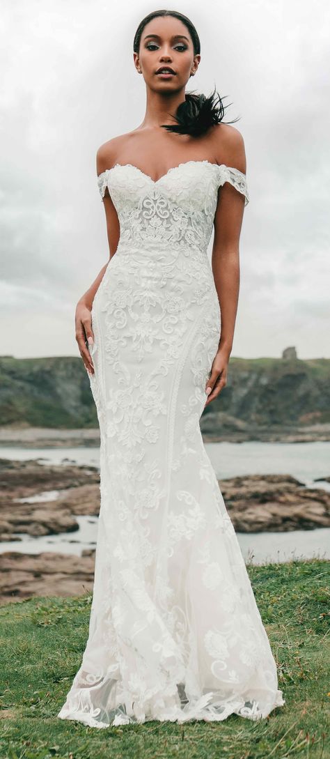 Fitted wedding dress by Allure Bridals | Lace fitted bridal gown with sweetheart neckline and beautiful off the shoulder strap for the romantic bride @allurebridals #ad #madisonjames #allurebridals #weddingdress #bridalgownLess Fitted Wedding Dresses, Lace Fitted Wedding Dress, Form Fitting Wedding Dress, Off The Shoulder Wedding Dress, Groomsmen Tuxedos, Shoulder Wedding Dress, Cinderella Wedding, Allure Bridals, Bride Magazine