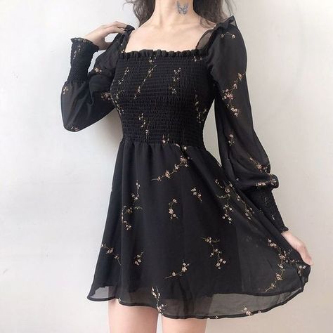 Black Dress Vintage, Adrette Outfits, Chiffon Summer Dress, Vintage Black Dress, Chiffon Dresses, Chiffon Mini Dress, Ulzzang Fashion, Puffed Sleeves Dress, Long Puff Sleeves