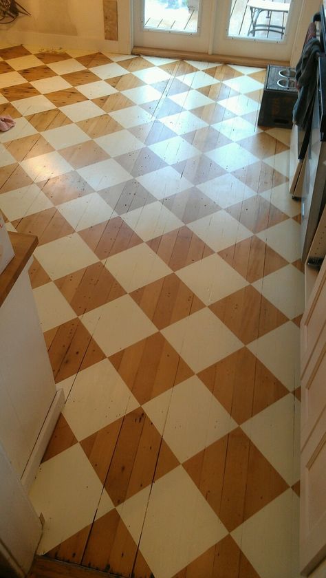 Green Painted Wood Floors, Stenciled Floors, Checker Floor, Checkerboard Floors, Painted Plywood Floors, Vintage Modern Kitchen, Checkered Floor, Painted Wood Floors, Sustainable Flooring