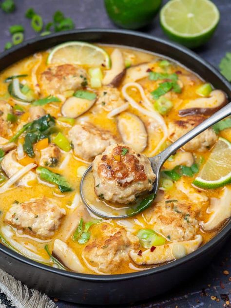 Thai Inspired Chicken Meatball Soup – Skinny Spatula Thai Chicken Meatball Soup, Thai Inspired Chicken Meatball Soup, Chicken Meatball Soup Recipes, Thai Meatball Soup, Mushrooms And Rice, Thai Chicken Meatballs, Thai Meatballs, Creamy Coconut Curry, Curry Broth