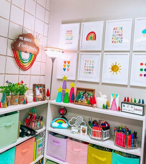 Preschool Office Decor, Colorful Daycare Classroom, Elementary Classroom Colorful, Unique Classroom Themes Preschool, Colorful Preschool Classroom Decor, Colorful Classroom Ideas, Cute Kindergarten Classrooms, Elementary Classroom Decor Colorful, Toddler Classroom Themes