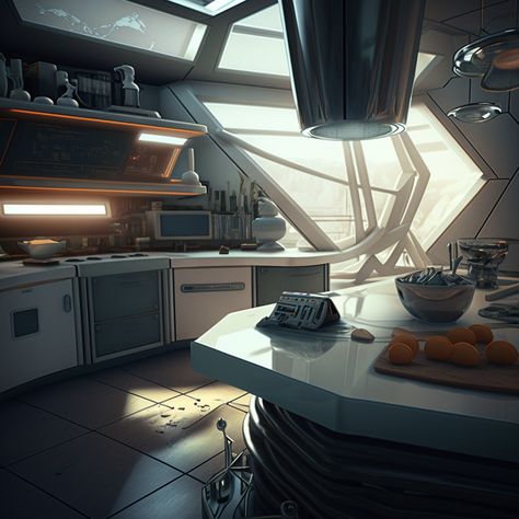 Spaceship Interior Kitchen, Future Kitchen Technology, Futuristic Kitchen Concept Art, Scifi Kitchen, Spaceship Kitchen, Cyberpunk Kitchen, Spaceship Interior Concept Art, Sci Fi Kitchen, Sci Fi Apartment