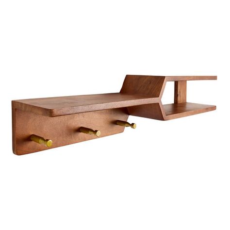 Acacia Wood Mid Century Floating Wall Shelf with Hooks by World Market Floating Entryway Table, Entryway Shelf With Hooks, Mid Century Wall Shelves, Mid Century Modern Entryway, Entryway Inspo, Floating Shelf With Drawer, Shepards Hook, Wood Mid Century, Wall Shelf With Hooks