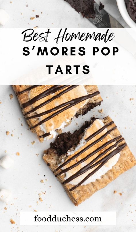 My favorite pop tart, by far, growing up was the S’mores Pop Tart! I’m just a huge sucker for anything chocolate – so what could be better than a grown up S’mores Pop Tart, otherwise known as a S’mores Hand Pie! These S’mores Hand Pies feature a super flaky and tender pie dough that is infused with crushed graham crackers, giving it that subtle sweet molasses flavor. They are filled with a milk chocolate fudge, and topped with marshmallow fluff that is torched to golden marshmallow perfection! Homemade S’mores Pop Tarts, Half Baked Harvest Pop Tart, Homemade Pop Tarts With Pie Crust, Pop Tarts Smores, Homemade Pop Tart Flavors, Homemade Smores Pop Tarts, Fall Pop Tarts, Raspberry Pop Tarts, S’mores Poptarts