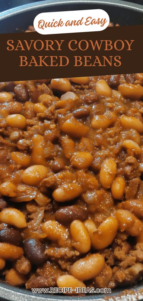 Cooked Cowboy Baked Beans in a pot, showcasing a savory blend of beans, bacon, and ground beef, designed to highlight fun outdoor meals and barbecues. Old Settlers Beans Recipe, Baked Beans From Dried Beans, Thick Baked Beans Recipe, Copycat Bushes Baked Beans, Barbecue Beans Recipe, Easy Cowboy Beans With Hamburger, Cowboy Beans With Sausage, Hamburger Beans Recipe, Hobo Beans Recipe Ground Beef