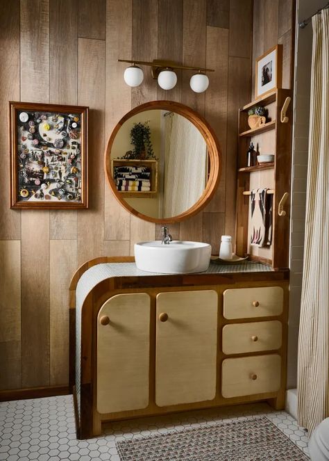 Tour an Atlanta House With Custom Woodwork and Cabinets | Apartment Therapy Built In Bathroom Vanity, Vintage Bathroom Vanity, Set Decoration, Dining Room Wallpaper, Wood Bathroom Vanity, Three Bedroom House, Hygge Home, Atlanta Homes, Kitchen Hardware