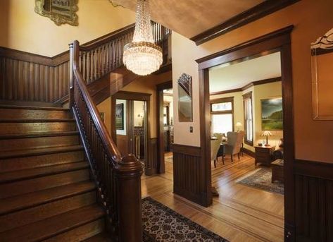 Stained Wainscoting Ideas Victorian Homes Interior, Installing Wainscoting, Wainscoting Styles, White Molding, Victorian Home Interior, Hall Lighting, Grey Dining Room, Zillow Homes, Homes Interior